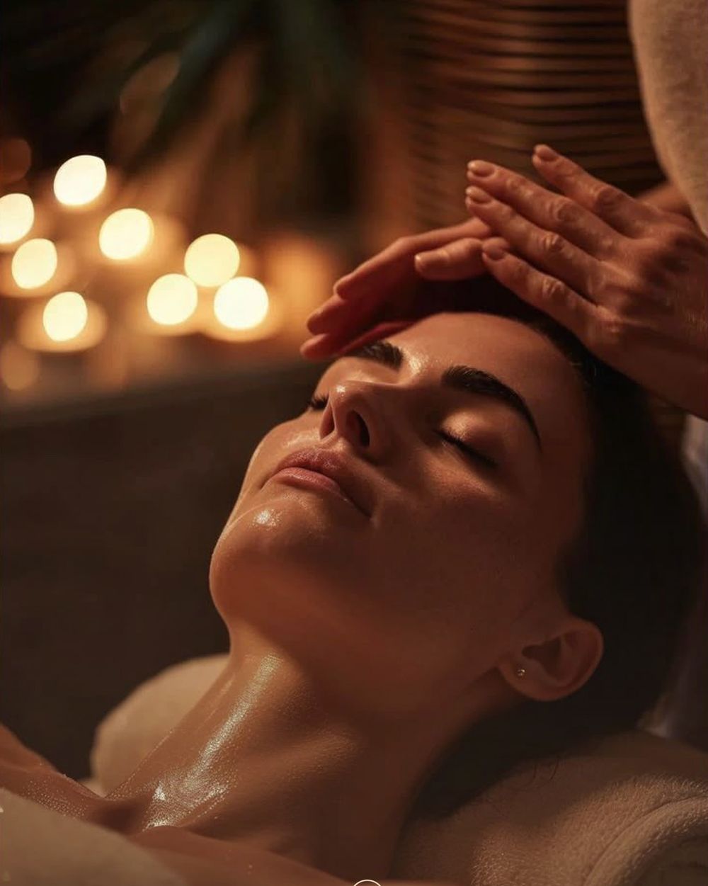 A candlelit treatment room with a guest receiving a relaxing head massage.