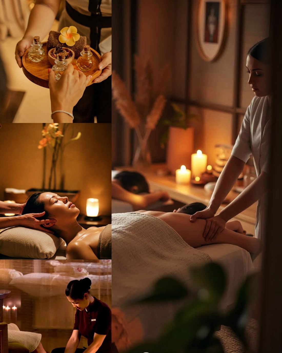 Warm, candlelit massage and foot ritual settings.